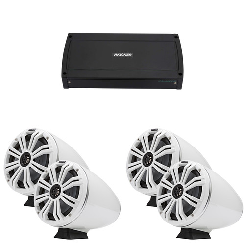 Kicker 8" White Flat-Mount KMFC8W LED Marine Speakers 2-Pair with 800 Watt Marine Amplifier
