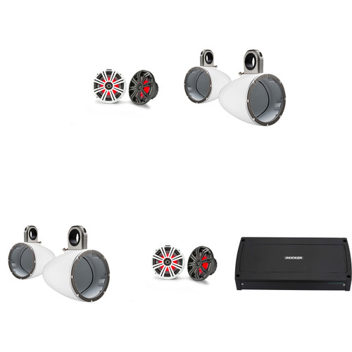Kicker 8" White Wake Tower LED Marine Speakers 2-Pair with 800 Watt Marine Amplifier