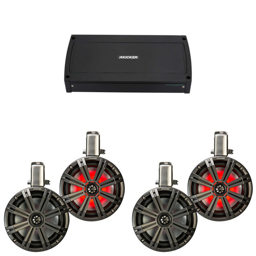 Kicker 8" Black Wake Tower KMTC8 LED Marine Speakers 2-Pair with 800 Watt Marine Amplifier