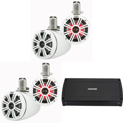 Kicker 6.5" White Wake Tower KMTC65W LED Marine Speakers 2-Pair with 800 Watt Marine Amplifier