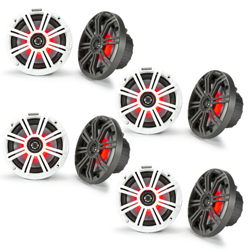 Kicker 6.5" Marine Speakers LED KM65 RGB 8 Pack Coaxial Boat Speakers Waterproof White Sport Grille Pontoon Marine Audio System Upgrade