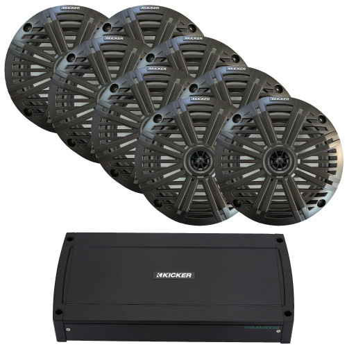 Kicker Marine Audio Bundle – (8) 6.5" 4-Ohm Coaxial Speakers Closed Grill (4 Pair) with 48KXMA800.8 800W 8-Channel Amplifier – OEM Replacement Boat System