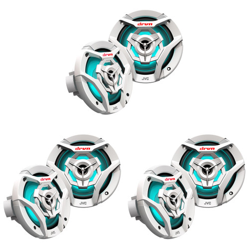 JVC 6.5" Marine Speakers 6 Pack RGB LED Coaxial Boat Speakers White Grille Pontoon Marine Audio System Upgrade