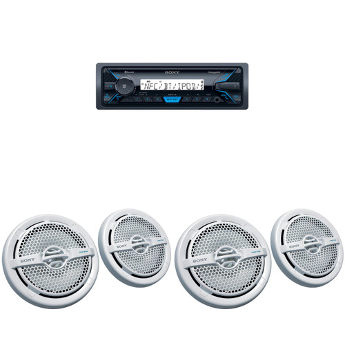 Sony DSX-M55BT Bluetooth Marine Receiver & 6.5" Marine Speakers 4 Pack Coaxial Boat Speakers Waterproof White Grille Pontoon Marine Audio System Upgrade