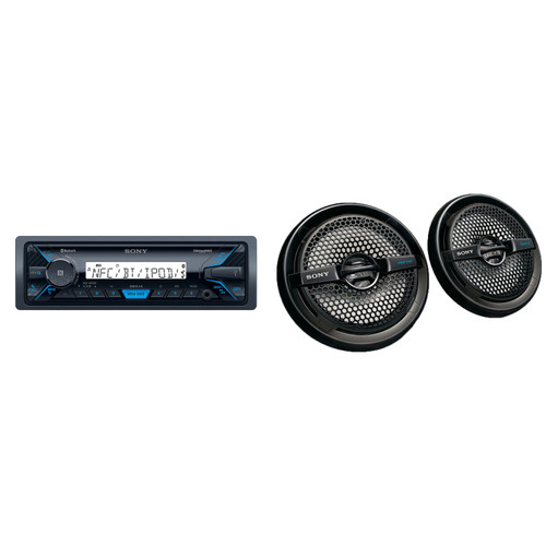 Sony DSX-M55BT Bluetooth Marine Receiver & 6.5" Marine Speakers 2 Pack Coaxial Boat Speakers Waterproof Black Grille Pontoon Marine Audio System Upgrade