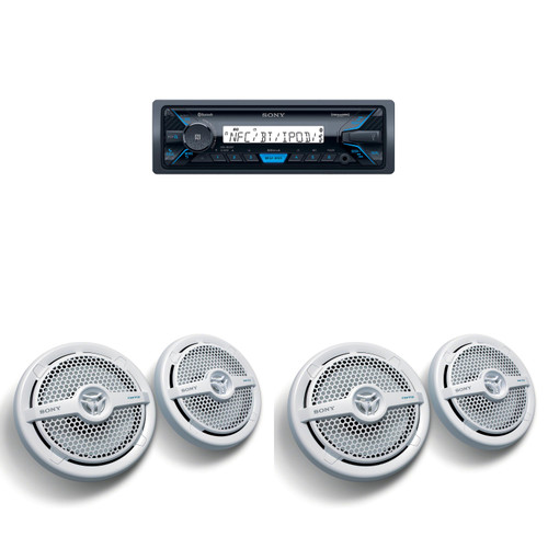 Sony DSX-M55BT Bluetooth Marine Receiver & 6.5" Marine Speakers 4 Pack 2-Way Coaxial Boat Speakers Waterproof White Grille Pontoon Marine Audio System Upgrade