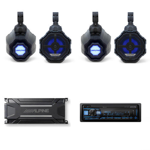 Alpine (2) SPV-65RGB-CAN 6.5” Cage-Mounted Universal Weather-Resistant Coaxial RGB LED Speaker Pods with KTA-30FW Amp & UTE-83BT Source