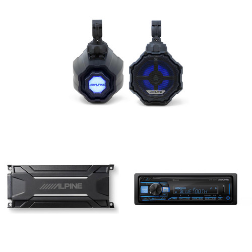 Alpine SPV-65RGB-CAN 6.5” Cage-Mounted Universal Weather-Resistant Coaxial RGB LED Speaker Pods with KTA-30FW Amp & UTE-83BT Source