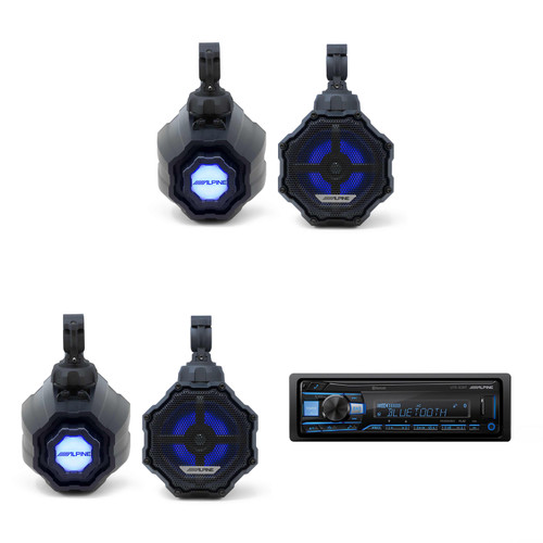 Alpine (2) SPV-65RGB-CAN 6.5” Cage-Mounted Universal Weather-Resistant Coaxial RGB LED Speaker Pods w UTE-83BT Source Unit