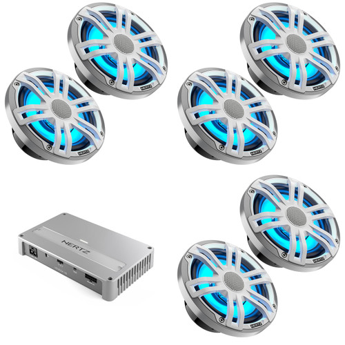 Hertz Marine Audio System – HEX Silver / White 6.5" Speakers (6 Total) RGB LED & Venezia 6-Channel Amplifier – Complete Pontoon & Center Console Boat Upgrade