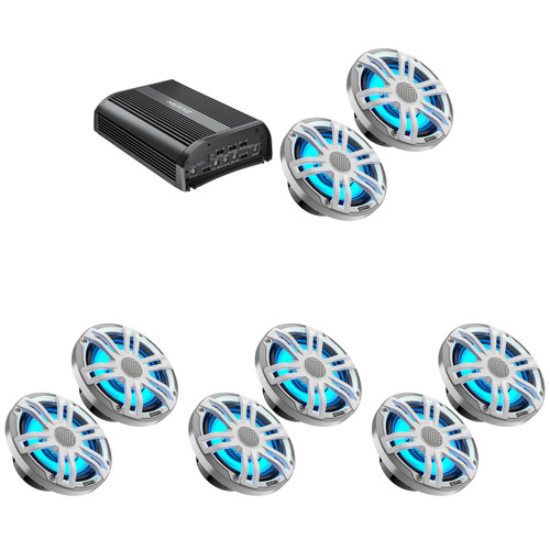 Hertz Marine Audio System – HEX Silver White RGB LED 6.5" Speakers (8 Total) & SP-4.500 4 Ch. Marine Amplifier  – Complete Pontoon & Center Console Boat Upgrade