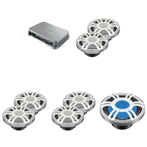 Hertz Marine Audio System – HMX White 6.5" Speakers (6 Total) RGB LED, 10" Subwoofer & HMD8-DSP 8-Channel DSP Amplifier – Complete Pontoon & Center Console Boat Upgrade