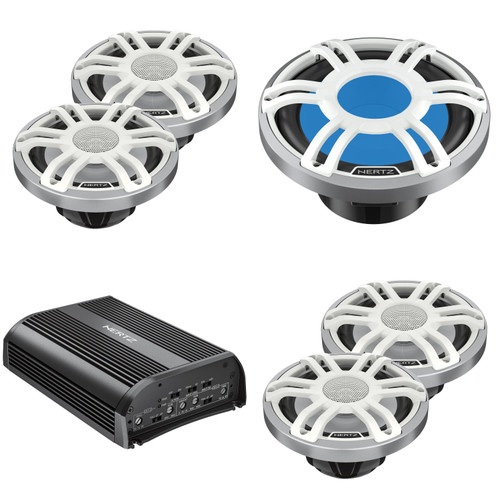 Hertz Marine Audio System – HMX White 6.5" Speakers (4 Total) RGB LED, 10" Subwoofer & SP-4.500 4 Ch. Marine Amplifier  – Complete Pontoon & Center Console Boat Upgrade
