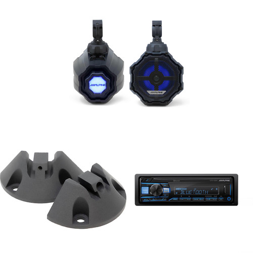 Alpine SPV-65RGB-CAN 6.5” Cage-Mounted Universal Weather-Resistant Coaxial RGB LED Speaker Pods w/ KTE-65CAN-SM Surface Mounts & UTE-83BT Source Unit