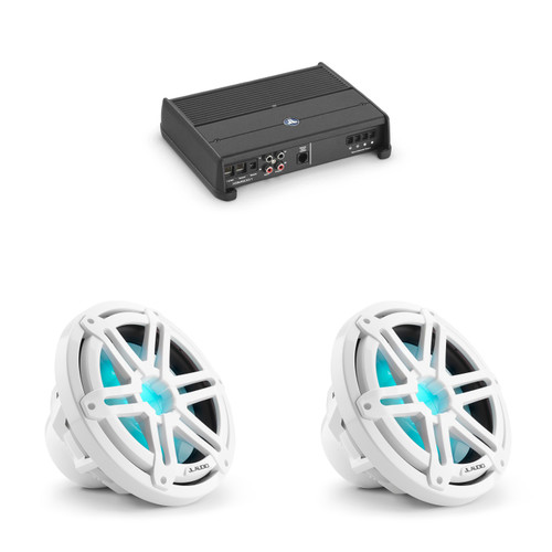 JL Audio (2) 10" Marine Subwoofer White Sport RGB LED w/ Amplifier – Sun Tracker Boat Audio Upgrade Bass Package