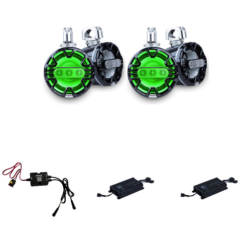 Memphis Audio 8" Marine Wake Tower Bundle: (4) Black MM84TB A.T.A.C. Speakers + (2) MX800.4 4-Channel Marine Amplifiers - RGB LED Lighting, IP66 Waterproof, 1600W Total Peak Power