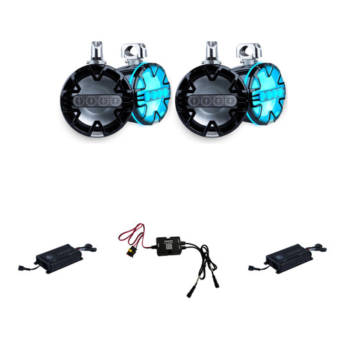 Memphis Audio 10" Marine Wake Tower Bundle: (4) Black MM105TB A.T.A.C. Speakers + (2) MX800.4 4-Channel Marine Amplifiers - RGB LED Lighting, IP66 Waterproof, 1600W Total Peak Power