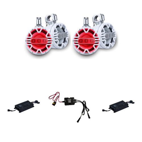 Memphis Audio 8" Marine Wake Tower Bundle: (4) White MM84TW A.T.A.C. Speakers + (2) MX800.4 4-Channel Marine Amplifiers - RGB LED Lighting, IP66 Waterproof, 1600W Total Peak Power