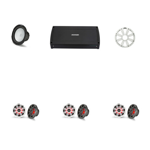 Kicker Pontoon Boat Audio System for Sun Tracker – (6) KM654L 6.5" LED Speakers, 10" Subwoofer & KXMA800.8 8 Channel Amp Upgrade
