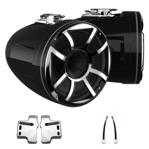Wet Sounds REV 10 HD 10" Horn Loaded Compression Driver Tower Speakers with XS Grills & Stainless Swivel Base Mount, 300 Watts RMS, Black, Pair with Wet Sounds POLISHED Centurion Gladiator brackets