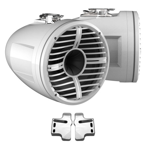 Wet Sounds REV 12 HD 12" Horn Loaded Compression Driver Tower Speakers with XW Grills & Stainless Swivel Base Mount, 400 Watts RMS, White, Pair with Wet Sounds POLISHED Centurion Gladiator brackets