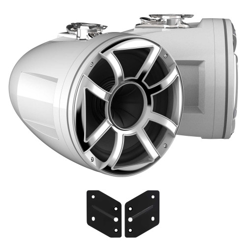 Wet Sounds REV 12 HD 12" Horn Loaded Compression Driver Tower Speakers with XS Grills & Stainless Swivel Base Mount, 400 Watts RMS, White, Pair with Wet Sounds REV 10 adaptor for Malibu X Tower lower mount