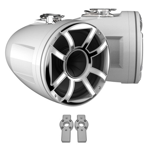 Wet Sounds REV 12 HD 12" Horn Loaded Compression Driver Tower Speakers with XS Grills & Stainless Swivel Base Mount, 400 Watts RMS, White, Pair with Wet Sounds ADP MC Bracket-11 Brushed Aluminum