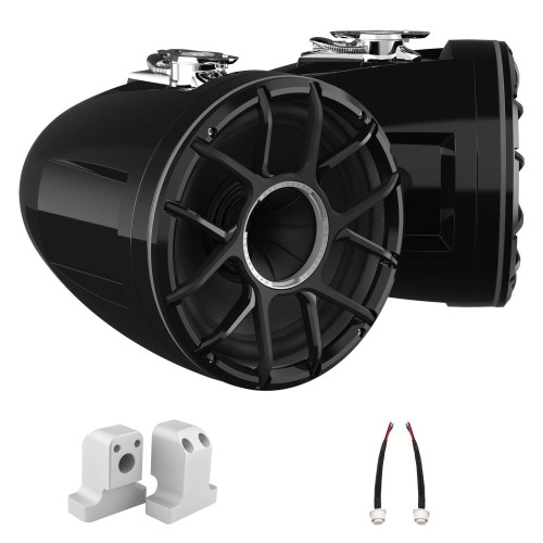 Wet Sounds REV 10 HD 10" Horn Loaded Compression Driver Tower Speakers with XZ Grills & Stainless Swivel Base Mount, 300 Watts RMS, Black, Pair with Wet Sounds Supra FxONE Upper Tower Adapter Brackets W/ Bead Blast Finish