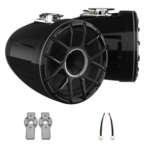 Wet Sounds REV 10 HD 10" Horn Loaded Compression Driver Tower Speakers with XZ Grills & Stainless Swivel Base Mount, 300 Watts RMS, Black, Pair with Wet Sounds ADP MC Bracket-11 Brushed Aluminum