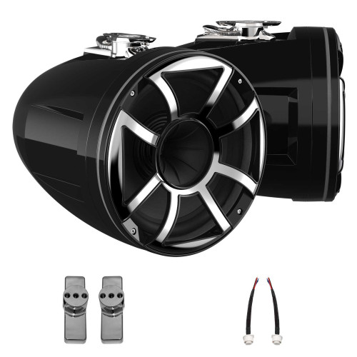 Wet Sounds REV 10 HD 10" Horn Loaded Compression Driver Tower Speakers with XS Grills & Stainless Swivel Base Mount, 300 Watts RMS, Black, Pair with Wet Sounds Upper brackets for Nautique FC5 Tower