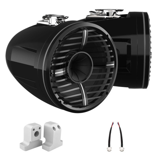 Wet Sounds REV 10 HD 10" Horn Loaded Compression Driver Tower Speakers with XW Grills & Stainless Swivel Base Mount, 300 Watts RMS, Black, Pair with Wet Sounds Supra FxONE Upper Tower Adapter Brackets W/ Bead Blast Finish