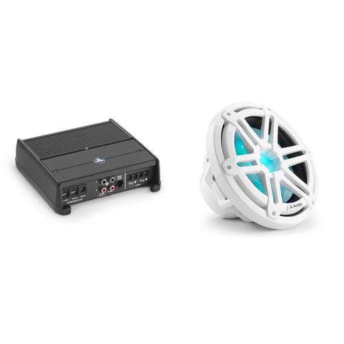 JL Audio M3 10" Marine Subwoofer & Amp Bundle – White Sport Grille RGB LED (M3-10IB-S-Gw-i-4) IB Sub + XDM200/2 – DIY Pontoon & Wake Boat Bass Upgrade