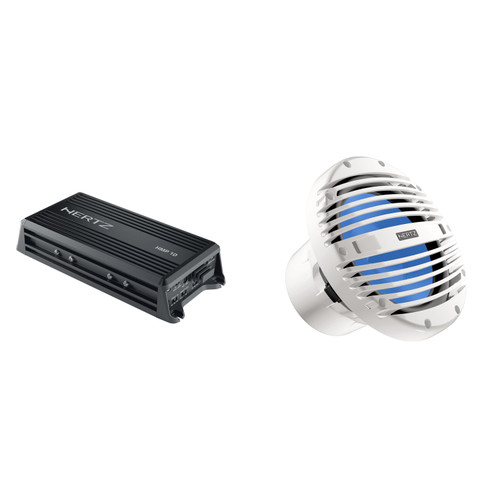 Hertz Marine 10" Subwoofer & Amp Bundle – HMS 10 B2-LD-W RGB LED Sub w/ White Classic Grille + HMP-1D Amplifier – DIY Pontoon, Wake Boat & Center Console Bass Upgrade