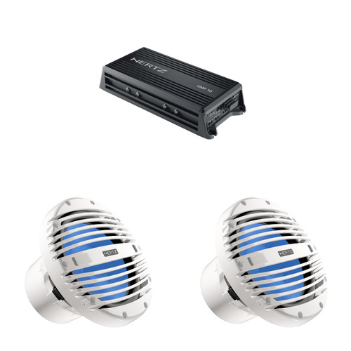 Hertz Marine Dual 10" Subwoofer & Amp Bundle – (2) HMS 10 B4-LD-W RGB White Classic Subs + HMP-1D Amplifier – DIY Pontoon & Wake Boat Bass Upgrade