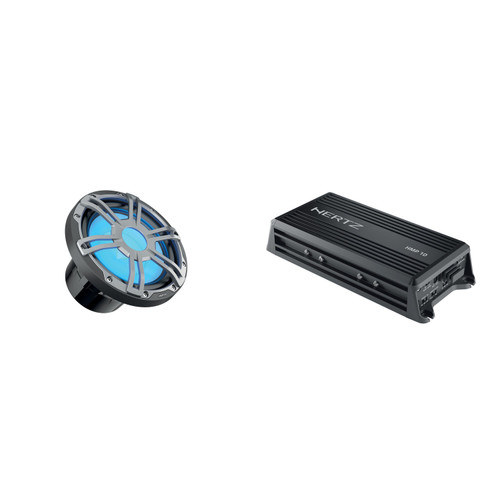 Hertz Marine 10" Subwoofer & Amp Bundle – HMS 10 S2-LD-G RGB LED Sub w/ Gray Sport Grille + HMP-1D Amplifier – DIY Pontoon, Wake Boat & Center Console Bass Upgrade