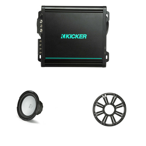 Kicker Marine 10" Subwoofer & Amp Bundle – 45KM102 Sub w/ Charcoal Grill + 48KMA8001 Mono Amplifier – DIY Boat Audio Bass Upgrade for Pontoon, Center Console & Wake Boats