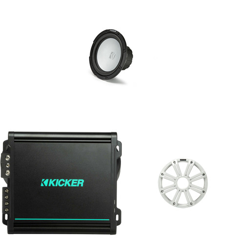 Kicker Marine 10" Subwoofer & Amp Bundle – 45KM102 Sub w/ White Grill + 48KMA8001 Mono Amplifier – DIY Boat Audio Bass Upgrade for Pontoon, Center Console & Wake Boats