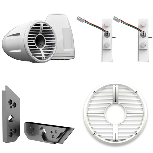 Wet Sounds REV 10 HD 10" Horn Loaded Compression Driver Tower Speakers with XW Grills & X Mount, 400 Watts RMS, White, Pair with Wet Sounds ADP-MALIBU-G5-G Brushed Tower Speakers Adapters for the 2021+ Malibu G5 Tower