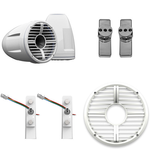 Wet Sounds REV 10 HD 10" Horn Loaded Compression Driver Tower Speakers with XW Grills & X Mount, 400 Watts RMS, White, Pair with Wet Sounds Upper brackets for Nautique FC5 Tower