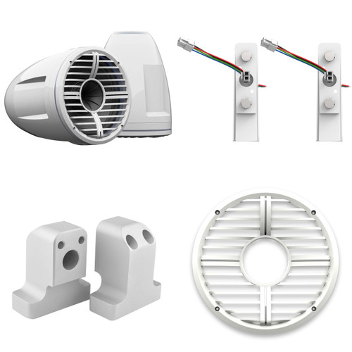 Wet Sounds REV 10 HD 10" Horn Loaded Compression Driver Tower Speakers with XW Grills & X Mount, 400 Watts RMS, White, Pair with Wet Sounds Supra FxONE Upper Tower Adapter Brackets W/ Bead Blast Finish