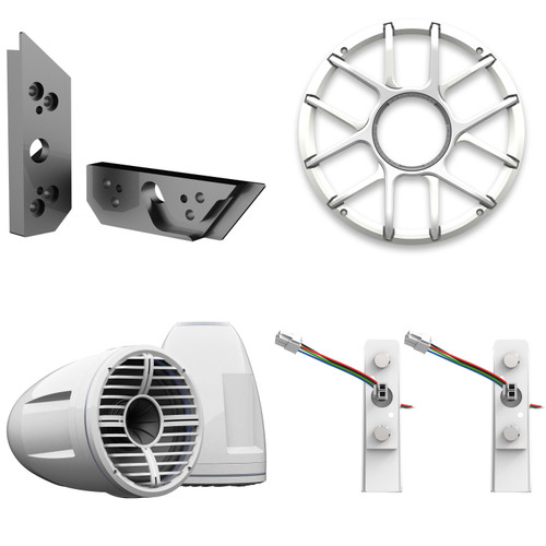 Wet Sounds REV 10 HD 10" Horn Loaded Compression Driver Tower Speakers with XZ Grills & X Mount, 400 Watts RMS, White, Pair with Wet Sounds ADP-MALIBU-G5-G Brushed Tower Speakers Adapters for the 2021+ Malibu G5 Tower