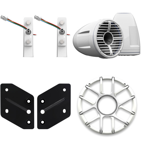 Wet Sounds REV 10 HD 10" Horn Loaded Compression Driver Tower Speakers with XZ Grills & X Mount, 400 Watts RMS, White, Pair with Wet Sounds REV 10 adaptor for Malibu X Tower lower mount