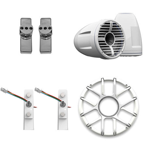 Wet Sounds REV 10 HD 10" Horn Loaded Compression Driver Tower Speakers with XZ Grills & X Mount, 400 Watts RMS, White, Pair with Wet Sounds Upper brackets for Nautique FC5 Tower