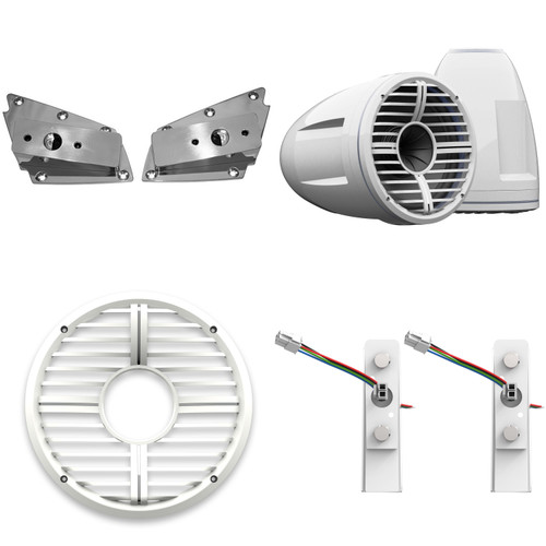 Wet Sounds REV 10 HD 10" Horn Loaded Compression Driver Tower Speakers with XW Grills & X Mount, 400 Watts RMS, White, Pair with Wet Sounds Lower brackets for Nautique FC5 Tower