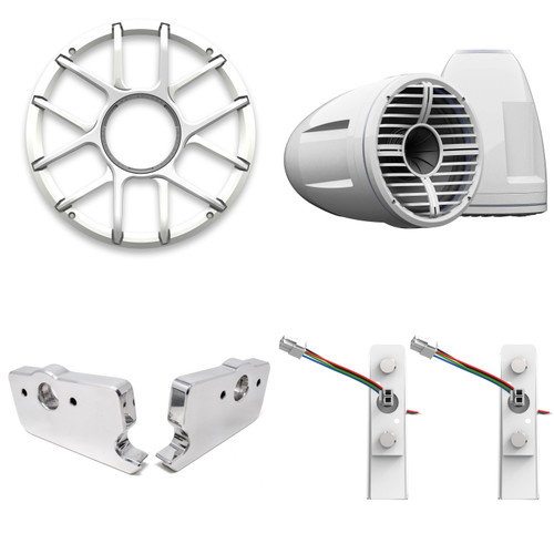 Wet Sounds REV 10 HD 10" Horn Loaded Compression Driver Tower Speakers with XZ Grills & X Mount, 400 Watts RMS, White, Pair with Wet Sounds POLISHED Malibu G3 Speaker mount - Single