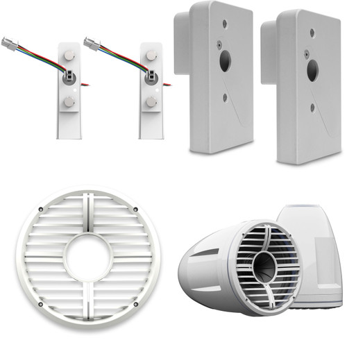 Wet Sounds REV 10 HD 10" Horn-Loaded Tower Speakers (Pair, White, 400W RMS) With XW Grilles, X-Mount And ADP NAU-FCTA Brackets For Nautique Flight Control Tower (2019+)