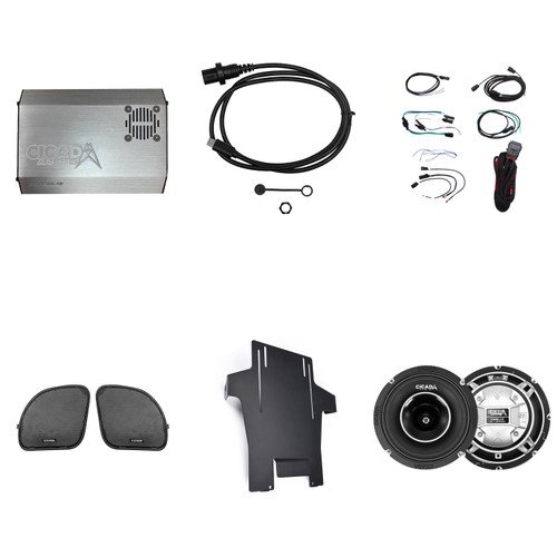 Cicada Audio FLX1400.4P 1400 Watt Amplifier with built in DSP with Front CH65.2C High Efficiency 6.5-Inch Horn Coaxial Speakers - 2Ω - Original Classic Design including Wiring Kit for 14-23 Road Glide