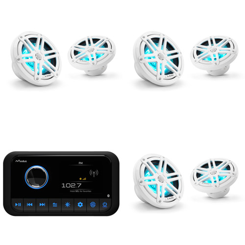Complete Pontoon Stereo Upgrade – Modus MX23 3-Zone Bluetooth Marine Receiver with Party Mode & 6 JL Audio M3-650X-S-Gw-i 6.5" White Sport Marine Speakers