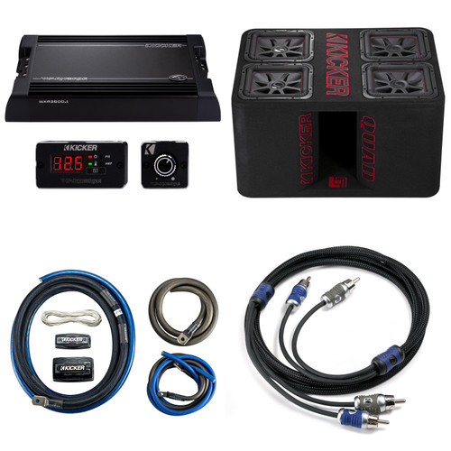 Kicker WXA3600.1 Warhorse Amp with Quad 12 Inch L7R Loaded Sub Box and 1/0 Gauge Amp Kit
