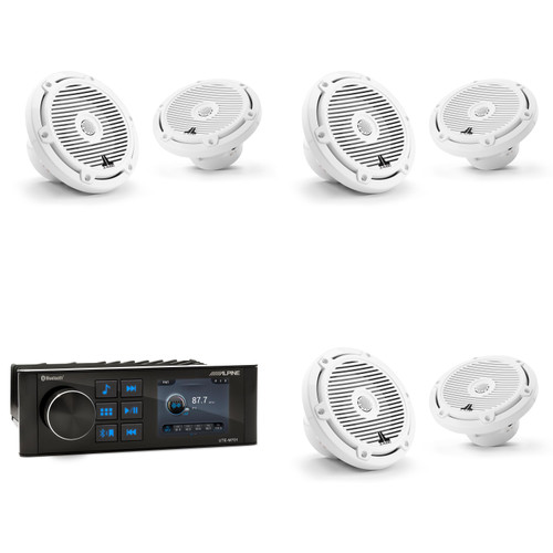 JL Audio M3 Marine Audio Upgrade Package – Alpine UTE-M701 Waterproof Bluetooth Radio with 6 Gloss White Classic Closed Grille Speakers for Pontoon & Center Console Boats